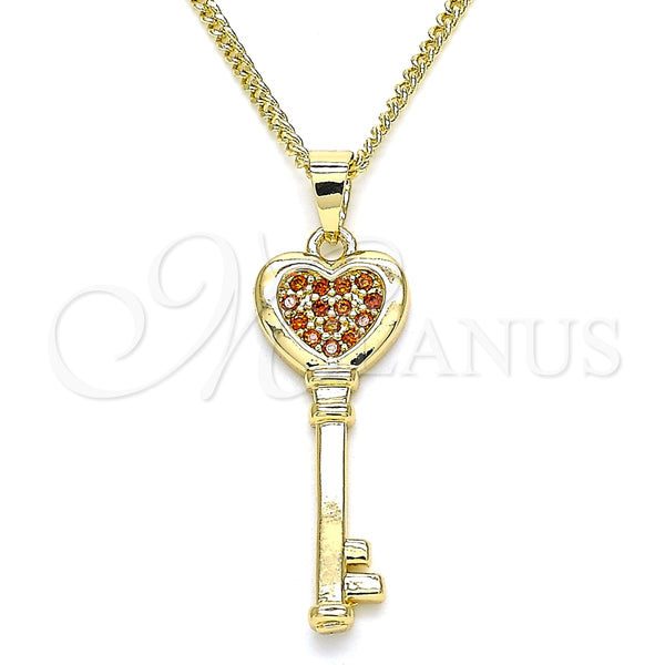 Collares con Dije 04.344.0013.1.20 Oro Laminado, Diseño de Llave y Corazón, con Granate Micro Pave, Pulido, Tono Dorado (02 MM Thickness, 20 Inches Length)