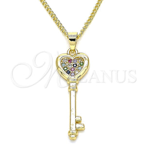Collares con Dije 04.344.0013.2.20 Oro Laminado, Diseño de Llave y Corazón, con Multicolor Micro Pave, Pulido, Tono Dorado (02 MM Thickness, 20 Inches Length)