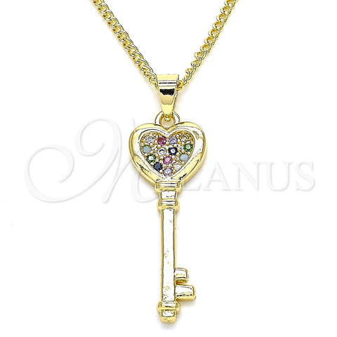 Collares con Dije 04.344.0013.2.20 Oro Laminado, Diseño de Llave y Corazón, con Multicolor Micro Pave, Pulido, Tono Dorado (02 MM Thickness, 20 Inches Length)