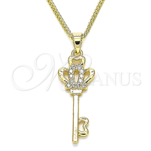 Collares con Dije 04.344.0014.20 Oro Laminado, Diseño de Llave y Corona, con Blanca Micro Pave, Pulido, Tono Dorado (02 MM Thickness, 20 Inches Length)