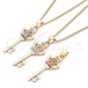 Collares con Dije 04.344.0014.20 Oro Laminado, Diseño de Llave y Corona, con Blanca Micro Pave, Pulido, Tono Dorado (02 MM Thickness, 20 Inches Length)