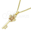 Collares con Dije 04.344.0014.1.20 Oro Laminado, Diseño de Llave y Corona, con Micro Pave Granate, Pulido, Tono Dorado (Grosor 02 MM, 20 Pulgadas de Largo)
