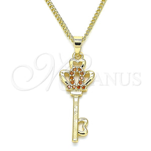 Collares con Dije 04.344.0014.1.20 Oro Laminado, Diseño de Llave y Corona, con Granate Micro Pave, Pulido, Tono Dorado (02 MM Thickness, 20 Inches Length)