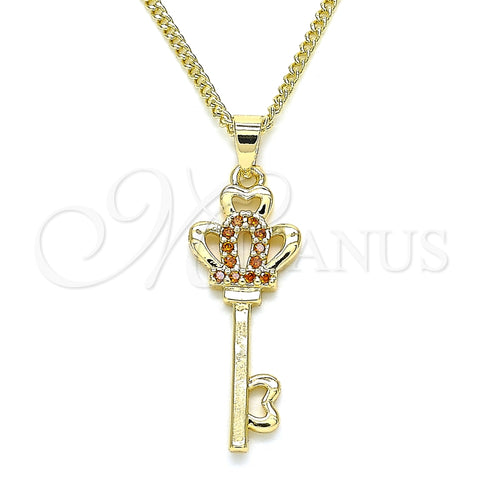 Collares con Dije 04.344.0014.1.20 Oro Laminado, Diseño de Llave y Corona, con Granate Micro Pave, Pulido, Tono Dorado (02 MM Thickness, 20 Inches Length)