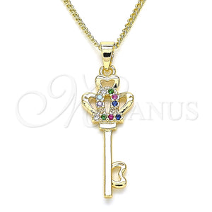 Collares con Dije 04.344.0014.2.20 Oro Laminado, Diseño de Llave y Corona, con Multicolor Micro Pave, Pulido, Tono Dorado (02 MM Thickness, 20 Inches Length)