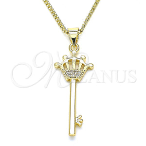 Collares con Dije 04.344.0015.20 Oro Laminado, Diseño de Llave y Corona, con Blanca Micro Pave, Pulido, Tono Dorado (02 MM Thickness, 20 Inches Length)