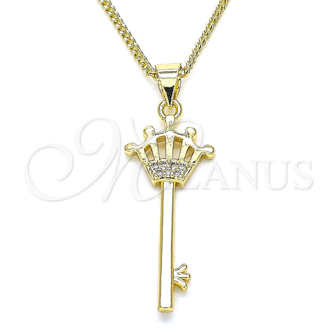 Collares con Dije 04.344.0015.20 Oro Laminado, Diseño de Llave y Corona, con Blanca Micro Pave, Pulido, Tono Dorado (02 MM Thickness, 20 Inches Length)