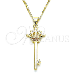Collares con Dije 04.344.0015.1.20 Oro Laminado, Diseño de Llave y Corona, con Granate Micro Pave, Pulido, Tono Dorado (02 MM Thickness, 20 Inches Length)