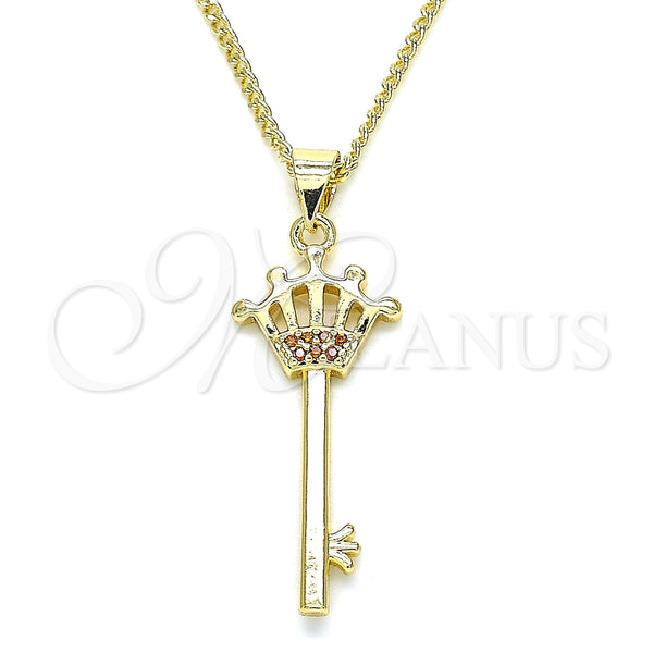 Collares con Dije 04.344.0015.1.20 Oro Laminado, Diseño de Llave y Corona, con Granate Micro Pave, Pulido, Tono Dorado (02 MM Thickness, 20 Inches Length)