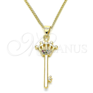 Collares con Dije 04.344.0015.2.20 Oro Laminado, Diseño de Llave y Corona, con Multicolor Micro Pave, Pulido, Tono Dorado (02 MM Thickness, 20 Inches Length)