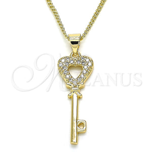 Collares con Dije 04.344.0016.20 Oro Laminado, Diseño de Llave y Corazón, con Blanca Micro Pave, Pulido, Tono Dorado (02 MM Thickness, 20 Inches Length)