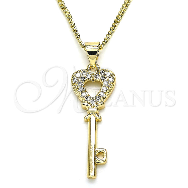 Collares con Dije 04.344.0016.20 Oro Laminado, Diseño de Llave y Corazón, con Blanca Micro Pave, Pulido, Tono Dorado (02 MM Thickness, 20 Inches Length)