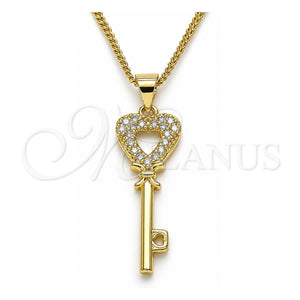 Collares con Dije 04.344.0016.20 Oro Laminado, Diseño de Llave y Corazón, con Blanca Micro Pave, Pulido, Tono Dorado (02 MM Thickness, 20 Inches Length)