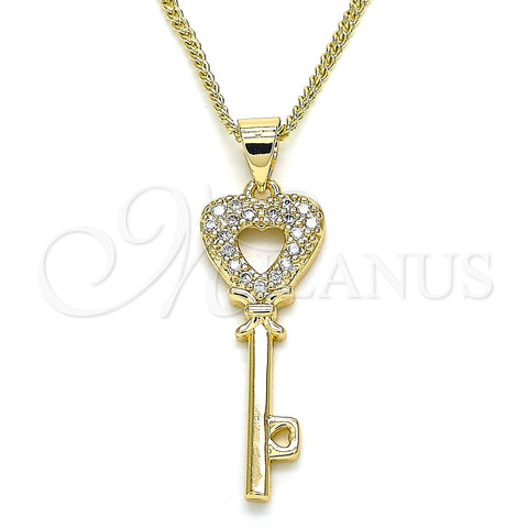 Collares con Dije 04.344.0016.20 Oro Laminado, Diseño de Llave y Corazón, con Blanca Micro Pave, Pulido, Tono Dorado (02 MM Thickness, 20 Inches Length)
