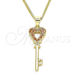 Collares con Dije 04.344.0016.1.20 Oro Laminado, Diseño de Llave y Corazón, con Granate Micro Pave, Pulido, Tono Dorado (02 MM Thickness, 20 Inches Length)