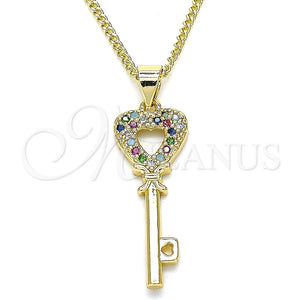 Collares con Dije 04.344.0016.2.20 Oro Laminado, Diseño de Llave y Corazón, con Multicolor Micro Pave, Pulido, Tono Dorado (02 MM Thickness, 20 Inches Length)
