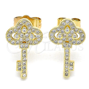 Arete Dormilona 02.344.0062 Oro Laminado, Diseño de Llave, con Blanca Micro Pave, Pulido, Tono Dorado