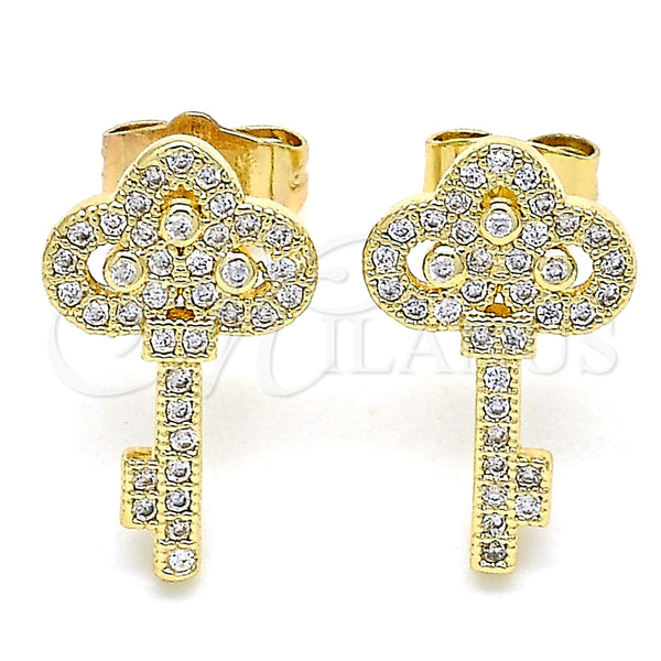 Arete Dormilona 02.344.0062 Oro Laminado, Diseño de Llave, con Blanca Micro Pave, Pulido, Tono Dorado