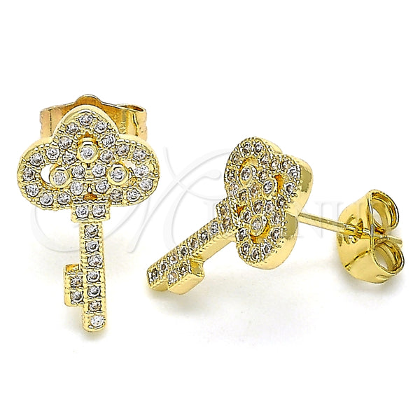 Arete Dormilona 02.344.0062 Oro Laminado, Diseño de Llave, con Blanca Micro Pave, Pulido, Tono Dorado