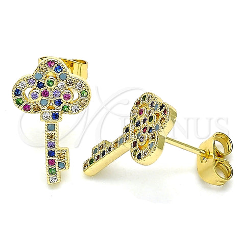 Arete Dormilona 02.344.0062.2 Oro Laminado, Diseño de Llave, con Multicolor Micro Pave, Pulido, Tono Dorado