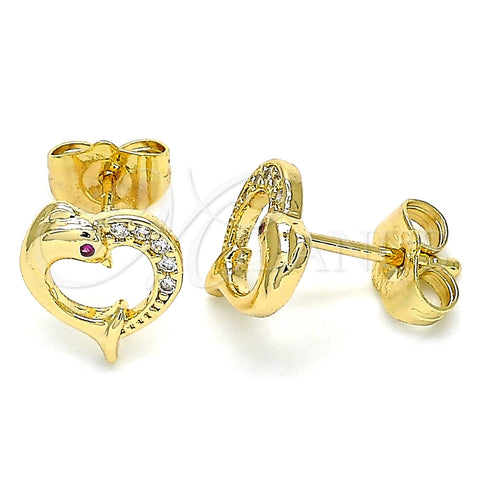 Arete Dormilona 02.344.0063 Oro Laminado, Diseño de Corazón y Delfín, con Blanca and Rubi Micro Pave, Pulido, Tono Dorado