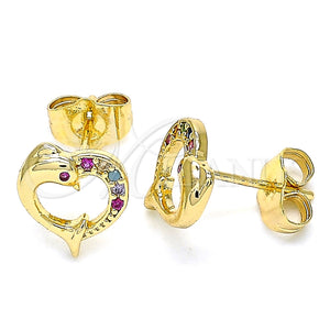 Collares con Dije 02.344.0063.2 Oro Laminado, Diseño de Corazón y Delfín, con Multicolor Micro Pave, Pulido, Tono Dorado (15 Inches Length)