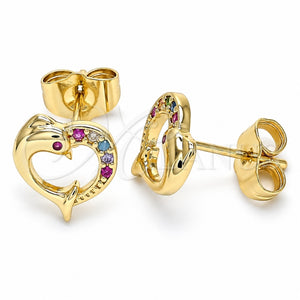 Collares con Dije 02.344.0063.2 Oro Laminado, Diseño de Corazón y Delfín, con Multicolor Micro Pave, Pulido, Tono Dorado (15 Inches Length)