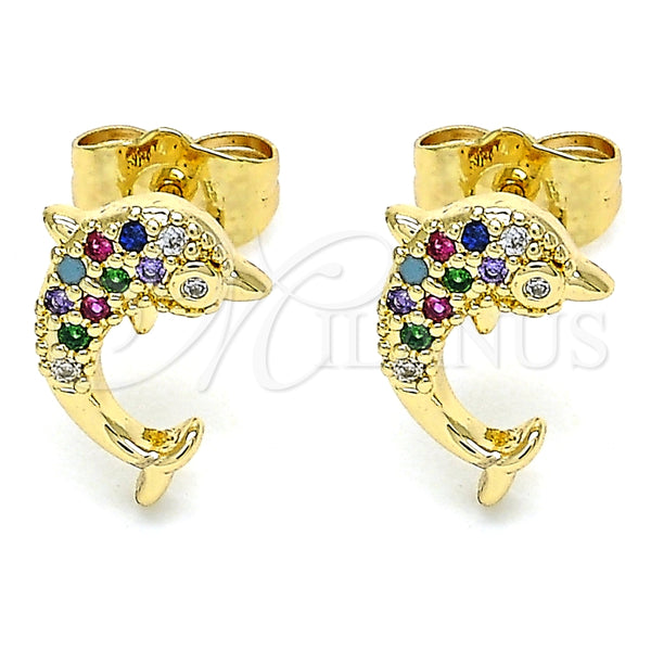 Arete Dormilona 02.344.0064.2 Oro Laminado, Diseño de Delfín, con Multicolor Micro Pave, Pulido, Tono Dorado
