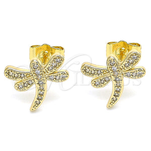 Arete Dormilona 02.344.0065 Oro Laminado, Diseño de Libélula, con Blanca Micro Pave, Pulido, Tono Dorado
