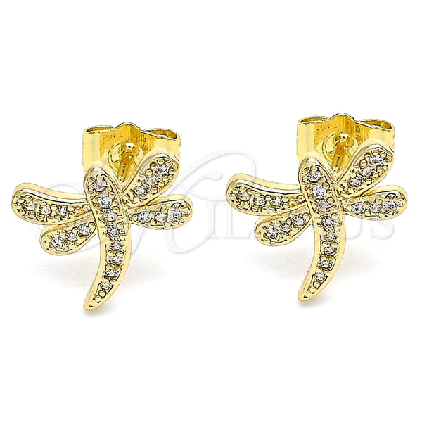 Arete Dormilona 02.344.0065 Oro Laminado, Diseño de Libélula, con Blanca Micro Pave, Pulido, Tono Dorado