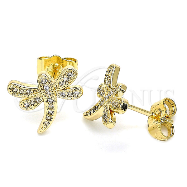Arete Dormilona 02.344.0065 Oro Laminado, Diseño de Libélula, con Blanca Micro Pave, Pulido, Tono Dorado