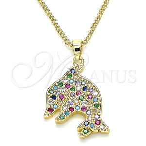 Collares con Dije 04.344.0030.2.20 Oro Laminado, Diseño de Delfín, con Multicolor Micro Pave, Pulido, Tono Dorado (02 MM Thickness, 20 Inches Length)