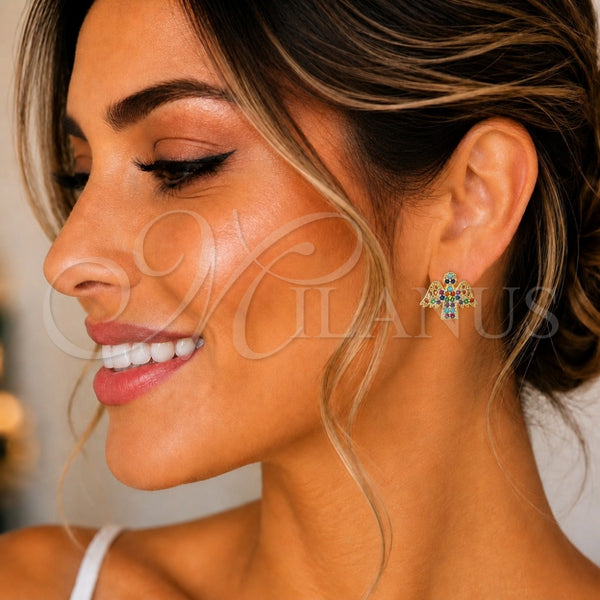 Arete Dormilona 02.210.0418.1 Oro Laminado, Diseño de Angel, con Multicolor Zirconia Cubica, Pulido, Tono Dorado