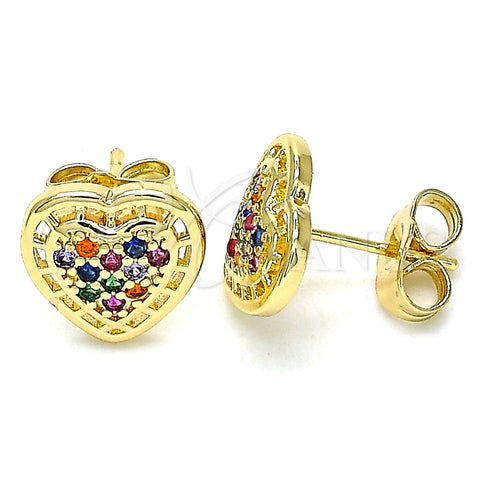 Arete Dormilona 02.210.0420.1 Oro Laminado, Diseño de Corazón, con Multicolor Micro Pave, Pulido, Tono Dorado