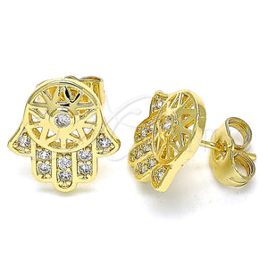 Arete Dormilona 02.210.0421 Oro Laminado, Diseño de Mano de Dios y Judaica, con Micro Pave Blanca, Pulido, Tono Dorado