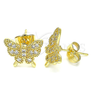 Arete Dormilona 02.210.0423 Oro Laminado, Diseño de Mariposa, con Blanca Micro Pave, Pulido, Tono Dorado