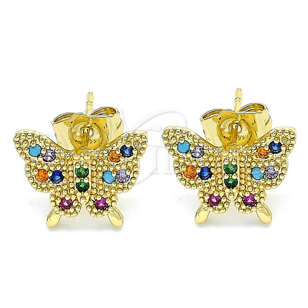 Arete Dormilona 02.210.0423.1 Oro Laminado, Diseño de Mariposa, con Multicolor Zirconia Cubica, Pulido, Tono Dorado