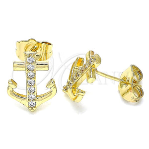 Arete Dormilona 02.210.0424 Oro Laminado, Diseño de Ancla, con Blanca Micro Pave, Pulido, Tono Dorado