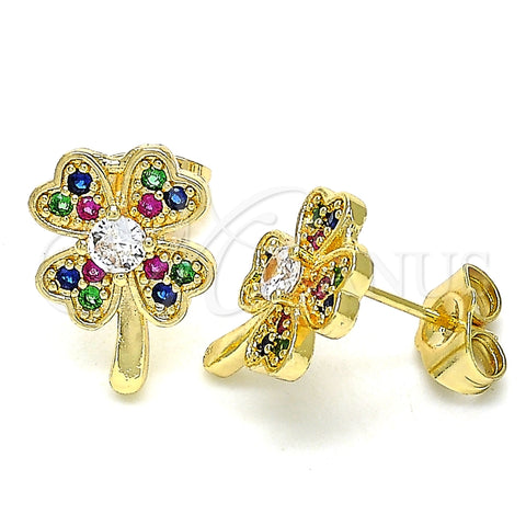 Arete Dormilona 02.210.0426.1 Oro Laminado, Diseño de Trébol de Cuatro Hojas, con Multicolor Micro Pave, Pulido, Tono Dorado