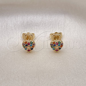 Arete Dormilona 02.210.0428.1 Oro Laminado, Diseño de Candado y Corazón, con Multicolor Micro Pave, Pulido, Tono Dorado