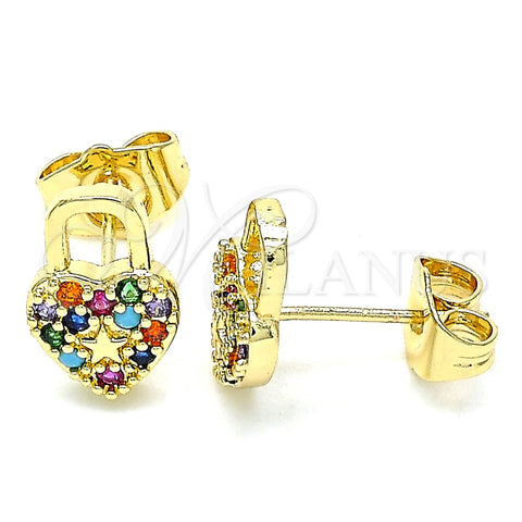 Arete Dormilona 02.210.0428.1 Oro Laminado, Diseño de Candado y Corazón, con Multicolor Micro Pave, Pulido, Tono Dorado