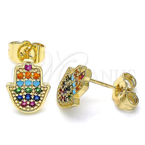Arete Dormilona 02.210.0431.1 Oro Laminado, Diseño de Mano de Dios y Judaica, con Micro Pave Multicolor, Pulido, Tono Dorado