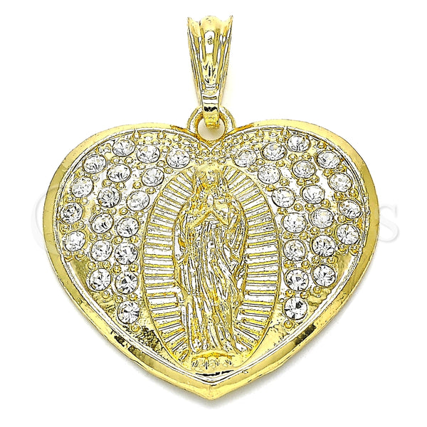 Dije Religioso 05.351.0135.1 Oro Laminado, Diseño de Corazón y Guadalupe, con Blanca Cristal, Pulido, Tono Dorado