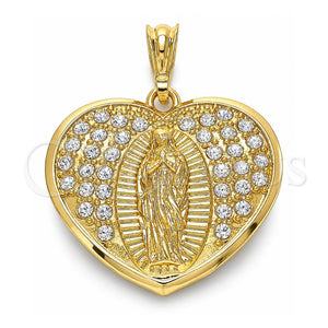 Dije Religioso 05.351.0135.1 Oro Laminado, Diseño de Corazón y Guadalupe, con Blanca Cristal, Pulido, Tono Dorado