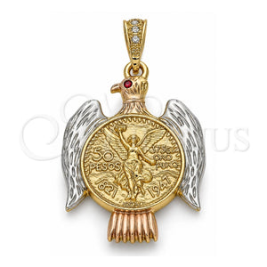 Dije Religioso 05.351.0145.1 Oro Laminado, Diseño de Moneda Centenario y Angel, con Cristal Granate, Pulido, Tres Tonos