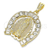 Dije Religioso 05.351.0148 Oro Laminado, Diseño de Guadalupe y Baguette, con Blanca Cristal, Pulido, Tono Dorado