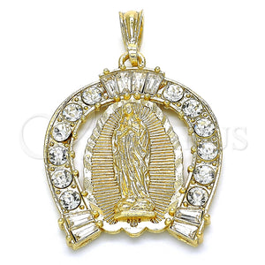 Dije Religioso 05.351.0148 Oro Laminado, Diseño de Guadalupe y Baguette, con Blanca Cristal, Pulido, Tono Dorado