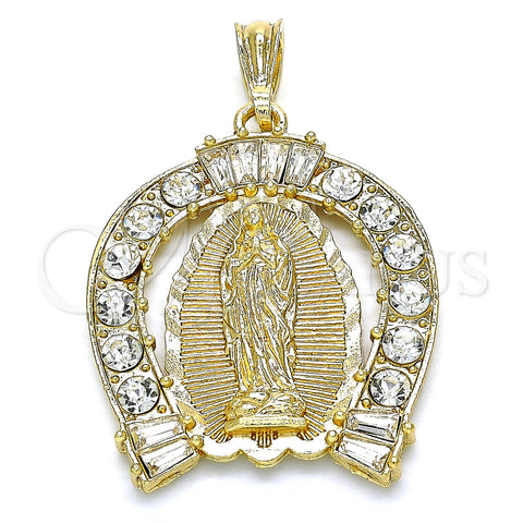 Dije Religioso 05.351.0148 Oro Laminado, Diseño de Guadalupe y Baguette, con Blanca Cristal, Pulido, Tono Dorado