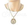 Dije Religioso 05.351.0151 Oro Laminado, Diseño de Moneda Centenario y Escorpión, con Cristal Blanca y Granate, Pulido, Tres Tonos