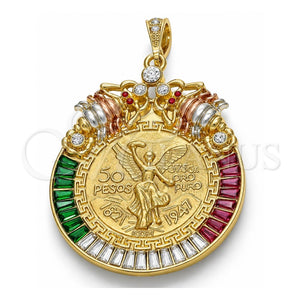 Dije Religioso 05.351.0151.1 Oro Laminado, Diseño de Moneda Centenario y Escorpión, con Cristal Multicolor, Pulido, Tres Tonos